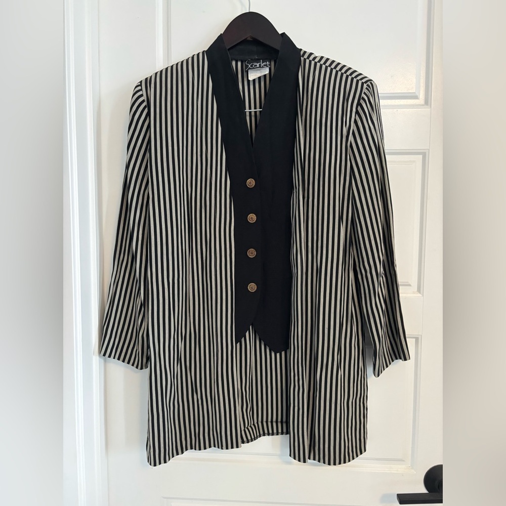 Vintage Vest Jacket by Scarlet Black White Stripe Gold Button Oversize Rayon S M - Picture 2 of 6